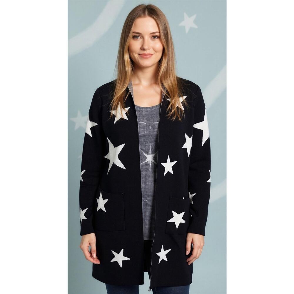 Calligraphie Women's Black & White Star Longline Open Hooded Cardigan‎ Size S